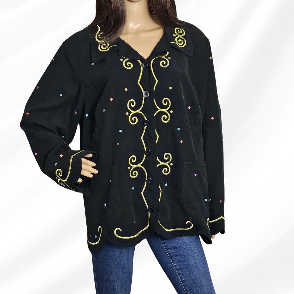 2/$50 Susan Graver Style Black Button Front Embroidered Shirt 2X